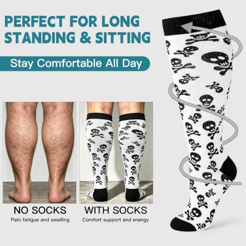 Wide Calf Compression Socks for Women & Men 20-30 mmHg Knee High 3/4 Pairs Skull Variation