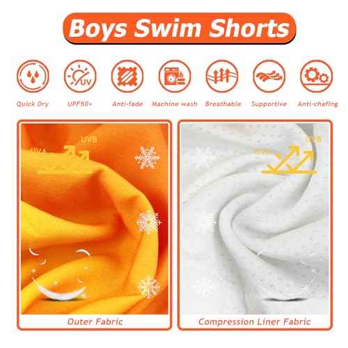Boys Swim Trunks with Compression Liner Swim Shorts Bathing Suit UPF50+ Stretch Swimwear for Boy Quick Dry, 5-16Y