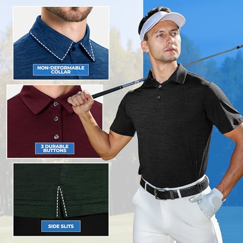 3 Pack Polo Shirts for Men - Quick Dry Moisture Wicking Performance Golf Shirts Black Short Sleeve for Work Athletic