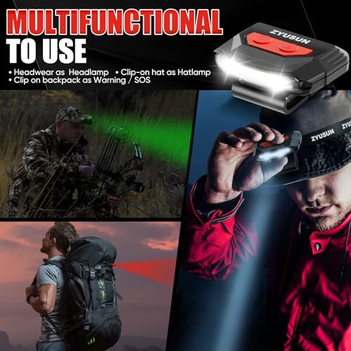 2-Pack Rechargeable Cap Light,Portable headlamps,Clip on Hat with Motion Sensor,Lightweight IPX4 Waterproof,White/Red/Green Night Vision LED Lights for Hunting Fishing Camping Hiking Cycling
