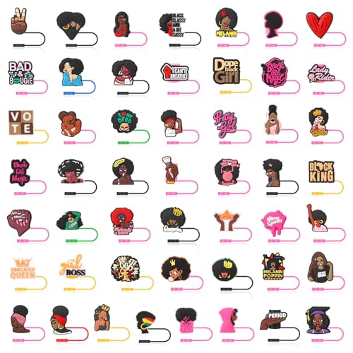 50 Pcs Pink Black Girl Straw Cover Caps Compatible with Stanley Cup, Silicone Cute Reusable Straw Toppers compatible with Stanley Cup Accessories 10mm