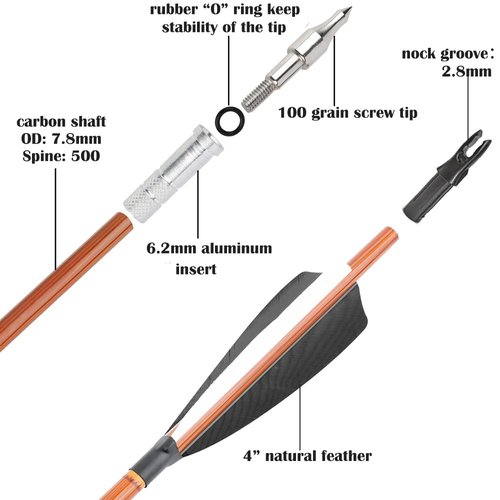 surwolf 31Inch Carbon Arrow Practice Target Arrows with 4" Natural Feather Spine 500 Hunting Arrows with Replaceable Arrowhead for Compound and Recurve Bows 6/12Pack (Black, 12pcs)