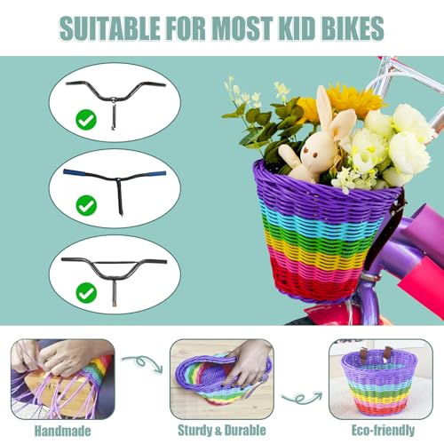Purple Kids Bike Basket Front Handwoven Rainbow Wicker for Girls with Adjustable Leather Straps