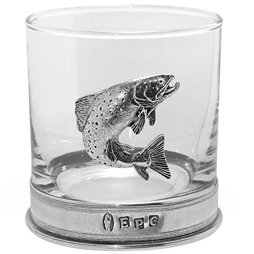 Old Fashioned Whisky Glass with Pewter Trout Badge – 11oz Rum Rocks Glass
