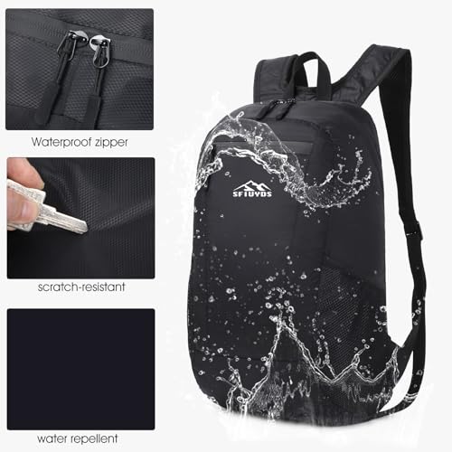 Lightweight Hiking Backpack Small,Waterproof Hiking Daypack,Foldable Backpack for Travel,Ultralight Daypack(Nylon, Black)