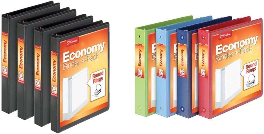 Cardinal Economy 3 Ring Binder, 1 Inch, Presentation View, Black, Holds 225 Sheets, Nonstick, PVC Free, 4 Pack of Binders (79512)