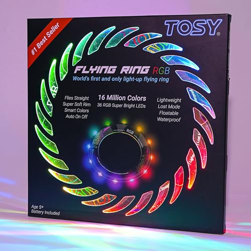 TOSY Flying Ring - 16 Million Color RGB or 12 LEDs, Super Bright, Lost Mode, Auto Light Up, Camping Essentials for Kids/Teens/Boy/Girl, Safe & Soft, Waterproof, Pool/Beach Games, Lightweight Toy