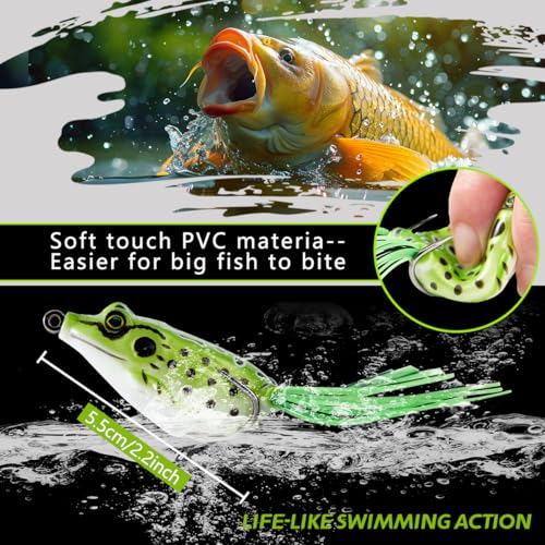 5PCS Frog Lure Kit - Soft PVC Topwater Baits for Freshwater & Saltwater Fishing, 3.67in/0.46oz - Weedless Hooks