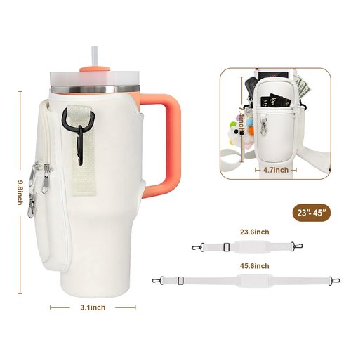 DYDMTT Water Bottle Carrier Bag with Two pockets Adjustable Strap for Pink Stanley Cup, Phone, Bank Cards Water Bottle Bag