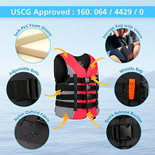 Adult USCG Approved Water Sports Life Jacket - Red, Large