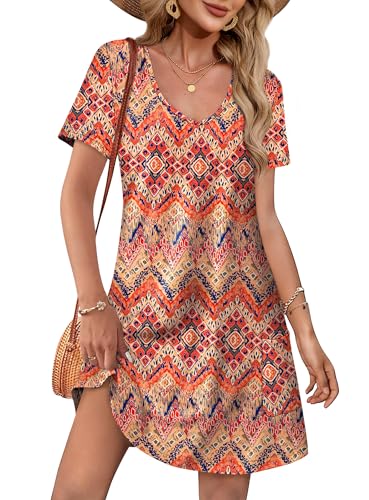 OFEEFAN Summer Dress for Women Floral 02 Large - Casual V-Neck T-Shirt Sundress with Pockets