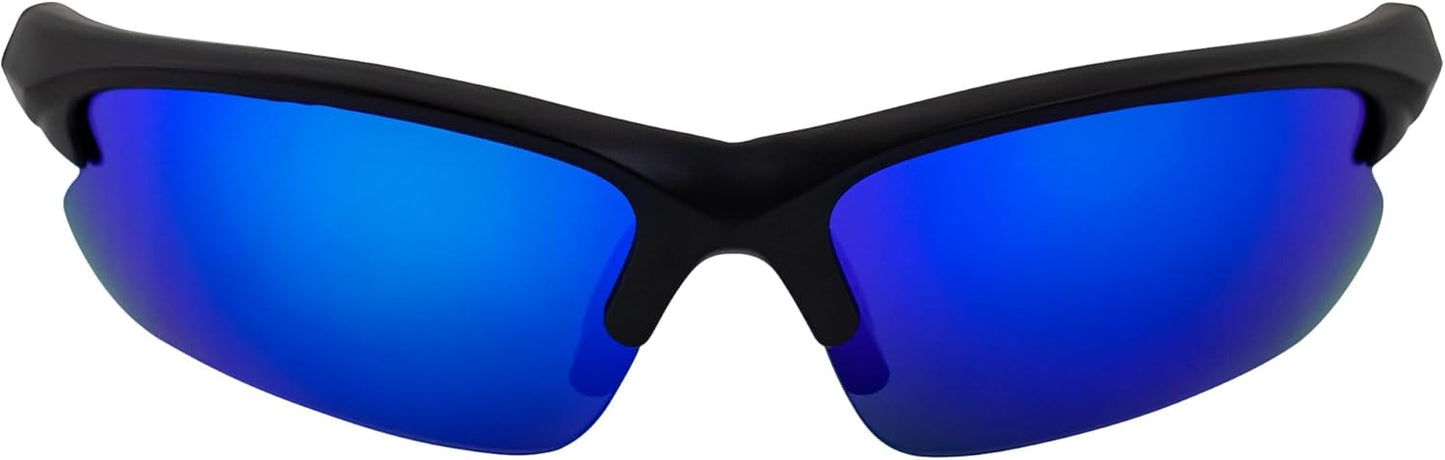 Fireball Wraparound Sports & Motorcycle Sunglasses for Men or Women Semi-Rimless Matte Black Frame w/Dielectric Blue Mirror Lens