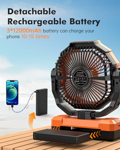 Orange 36000mAh Detachable Rechargeable Camping Fan with LED Light and Power Bank