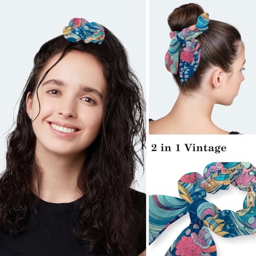 Scrub Caps Women, Surgical Caps with Ponytail Pouch and Buttons, Nurse Bouffant Adjustable, with Bow Hair Scrunchy, Wave and Floral Vintage Japanese Abstract Art Blue