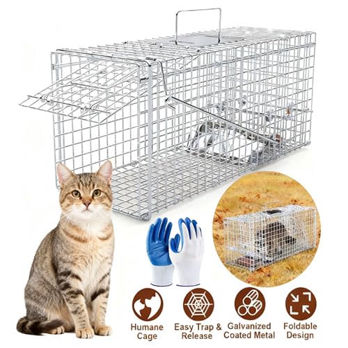 Humane Animal Trap Cage for Cats and Small Animals - Silver, 25.59x9.05x9.84 Inches - Folding Catch and Release Design