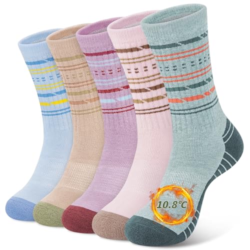 5 Pairs Womens Merino Wool Hiking Socks Winter Warm Crew Moisture Wicking Thick Cushioned Striped Boot Socks
