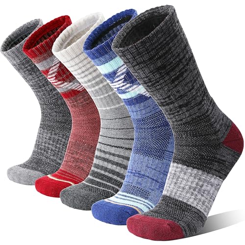 5 Pairs Merino Wool Hiking Socks Thermal Winter Warm Moisture Wicking Cushion Outdoor Socks for Women & Men