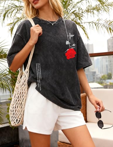 Men's Oversized Graphic T-Shirt - Washed Short Sleeve Tee Large Rose-Black
