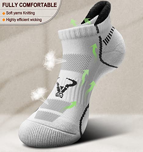 Men's Running Ankle Socks 6 Pack - Cushioned Support Low Cut No Show, White/Black/Gray 10-12