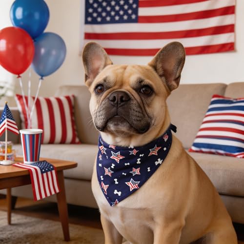 Washable American Flag Dog Bandana Bibs - Blue, Adjustable Pet Collar & Scarf