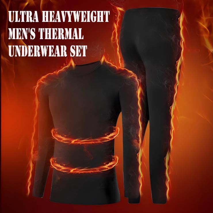 Men's Heavyweight Thermal Underwear Set Fleece Lined Base Layer Long Johns - Black, Large