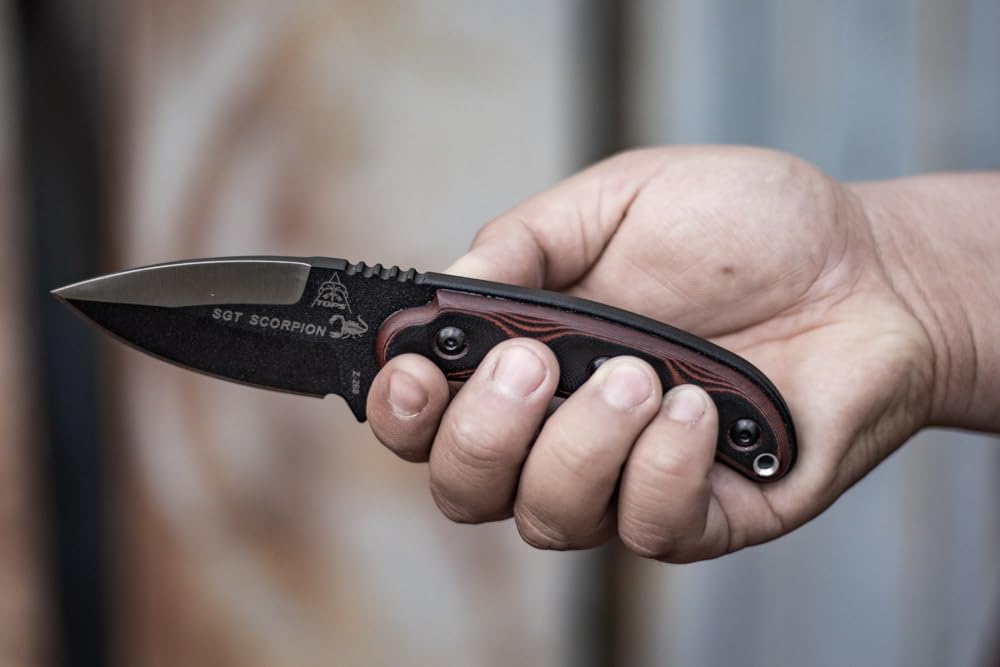 Tops Knives SGT. Scorpion Full Tang Fixed Blade- Black Kydex Sheath w/Rotating Spring Steel Sheath Clip (Red/Black G10 Handle)