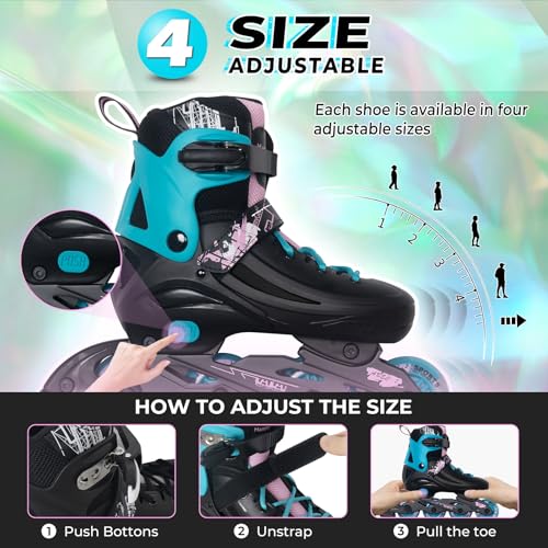Adjustable Inline Skates for Kids & Adults with Light-Up Wheels - Teal Pink XL