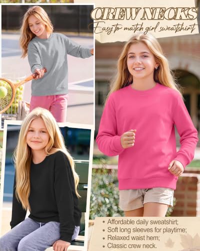 Girls' Crew Neck Long Sleeve Sweatshirt Set - 5-6 Years, Rose Red Pink Light Gray Black, 4 Pack