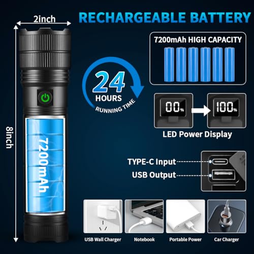 KYEKIO Large Size & High Powered Flashlight, 7200mAh Flashlights High Lumens, Super Bright Flashlight, Rechargeable Flashlights LED, Adjustable Tactical Flash Light, Waterproof Flash Light for Home