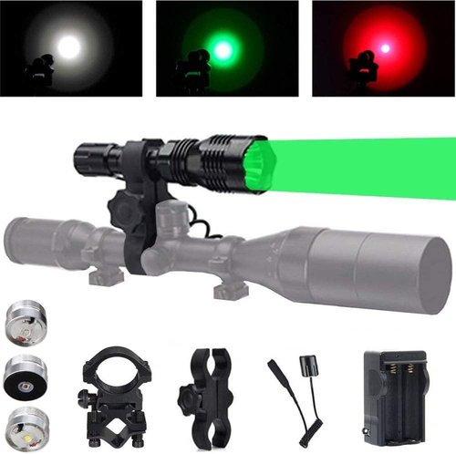 BESTSUN Predator Light with Green Red White LED Hunting Flashlight, Pressure Switch, Barrel & Scope Mount for Hogs Coyotes Varmints Raccoons Coon Deer Night Hunting