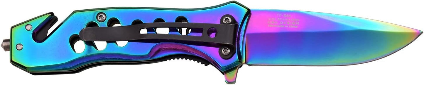 Tac-Force- Folding Pocket Knife – Rainbow TiNite Coated Stainless Steel Blade and Handle, Glass Punch and Pocket Clip, Tactical, EDC, Rescue - TF-844
