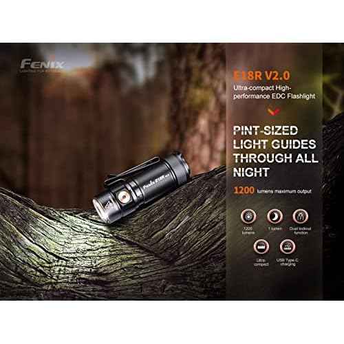 Fenix E18R V2.0 EDC Flashlight, 1200 Lumens USB-C Rechargeable Ultra Compact Pocket Light (Black)