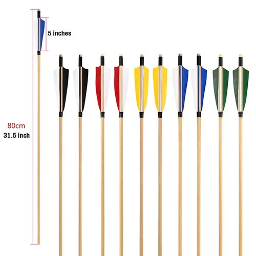 ZSHJGJR 31" Archery Traditional Wooden Arrows Hunting Arrows Target Practice Arrows Wood Arrow Shaft with 5" Turkey Feather for Longbow Recurve Traditional Bow 6/12pcs (Yellow, 12)
