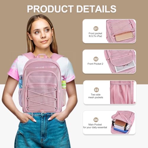 Pink Heavy Duty Mesh Backpack for Adults 20L Large Capacity Sports & Travel