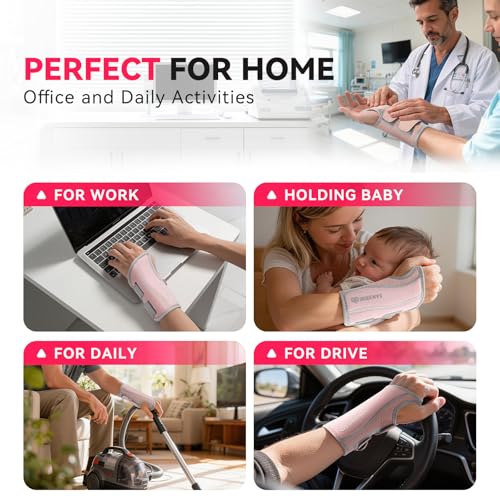 Adjustable Copper Infused Wrist Brace for Carpal Tunnel Support - Pink, L/XL - Right Hand