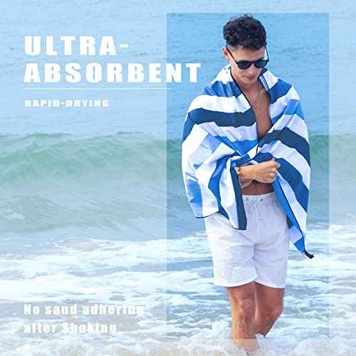 Exclusivo Mezcla Large Quick Dry Beach Towel, Microfiber Sandfree Cabana Stripe Pool Bath Swim Towel with Bag, Lightweight and Thin (Blue, 30x60 Inches)