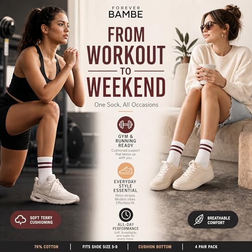 Forever Bambe Mini Crew Socks for Women 4-Pack Pastels Cushioned Bottom Retro Striped Athletic Socks - Short Calf Style