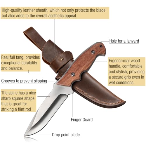 9.2 Inch Carbon Steel Fixed Blade Hunting Knife with Wooden Handle and Leather Sheath