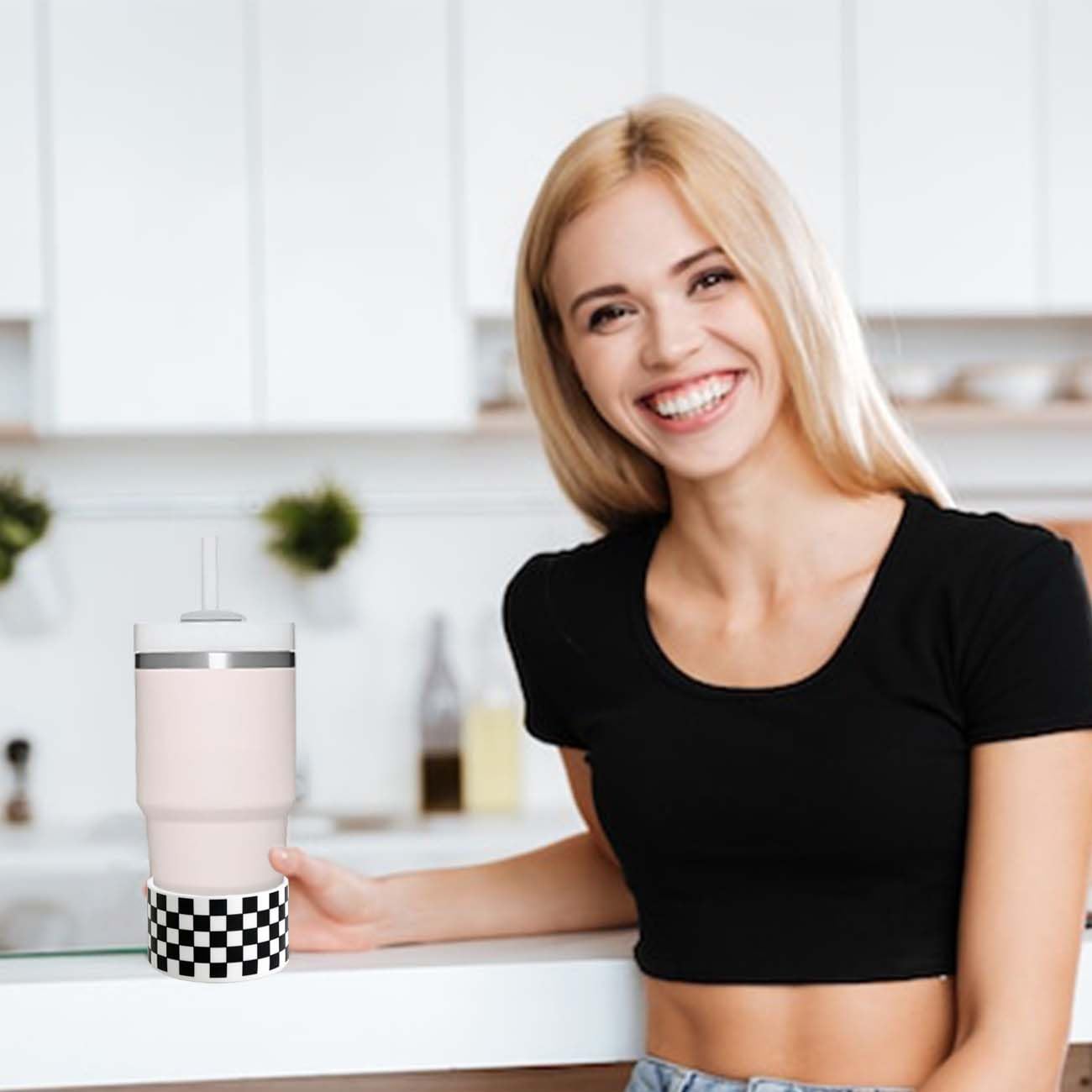 GENLEAS 2 PCS Checkered Pattern Protective Silicone Boot Cover for Stanley Cup 20oz-40oz, for Hydro Flask Water Bottle 12oz-24oz, Anti-Slip Sleeve for Bottles/Tumblers with 2.88-2.97in Bottom