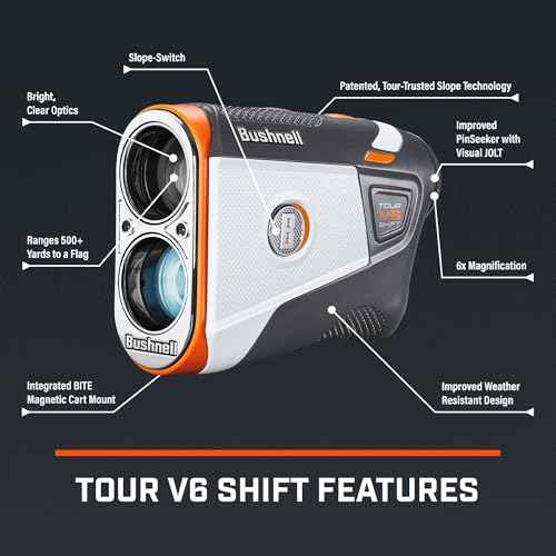 Bushnell Golf Tour V6 Shift Laser Rangefinder with Slope Compensation, 1300-Yard Range, Flag Lock Vibration, Magnetic Cart Mount, 6X Magnification, Waterproof ? Tournament Legal