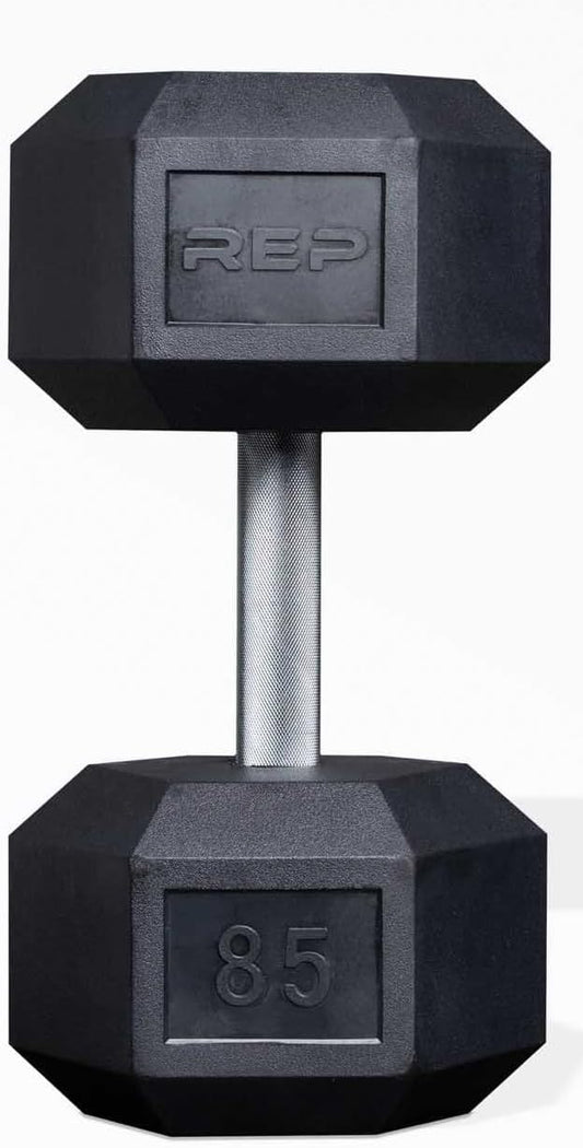Rep Fitness Rubber Hex Dumbbell(s) - Singles (55LB +) and Pairs (5LB - 50LB) - Low Odor, Fully Knurled Handle