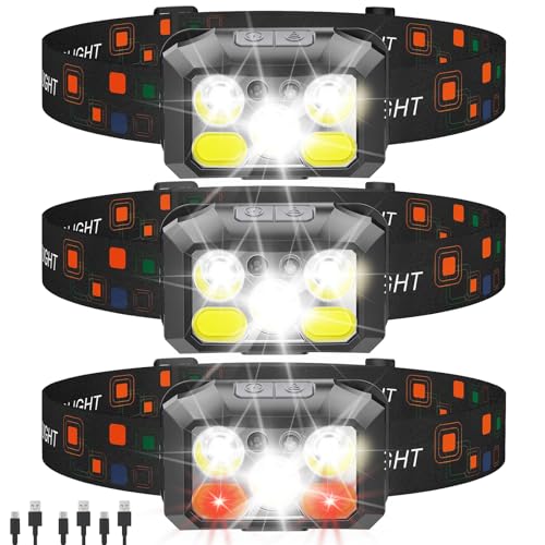 Black Rechargeable LED Headlamp 3-Pack, 800 Lumens, USB-C Waterproof, 8 Modes