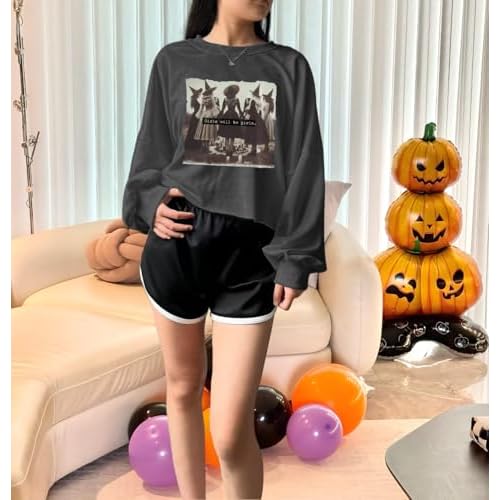 Women's Witch Crop Sweatshirt Fall Halloween Vintage Graphic Lantern Long Sleeve Pullover Spooky Season Sweatshirt