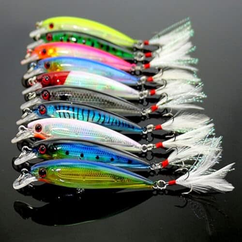 10pcs Minnow Fishing Lures Kit - Hard Baits with Treble Hooks, Bright Colors