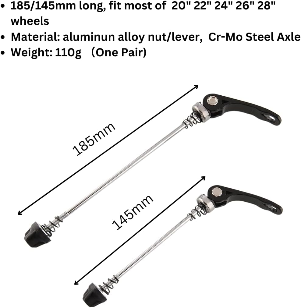 Road Mountain Bicycle MTB Wheel Hub Front and Rear QR Quick Release Skewers Clip Lever Axle 145/185mm, Pair,Multiple Color Options