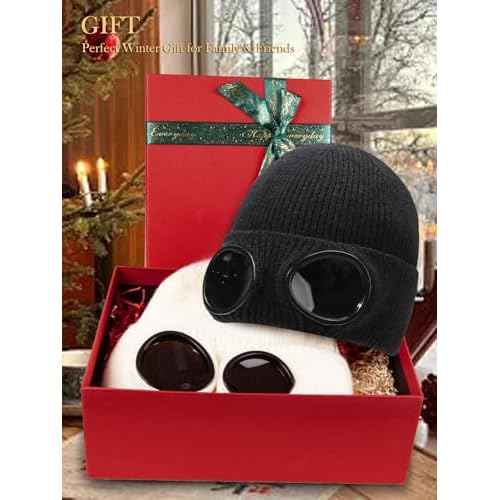Unisex Winter Beanie with Fixed Goggles, Double-Layer Knit Hat with Soft Fleece Lining, Warm Windproof Skull Cap