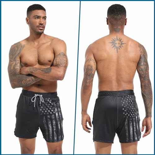FT FENTENG Mens Swim Trunks with Compression Liner 5.5" Board Shorts with Zipper Pockets 2 in 1 Quick Dry Bathing Suits