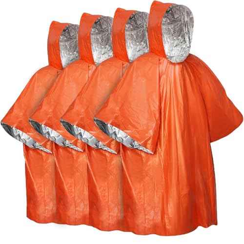 Survival Poncho with Mylar Blanket Liner, Waterproof Emergency Rain Poncho for Hiking, Camping, Outdoors(4 Pack)