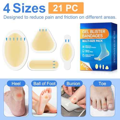 Gel Blister Bandages 21ct, Waterproof Hydrocolloid Blister Bandages for Foot Wound Quick-Healing Blister Cushions for Toe Heel All-Day Prevention, Variety Combo Pack
