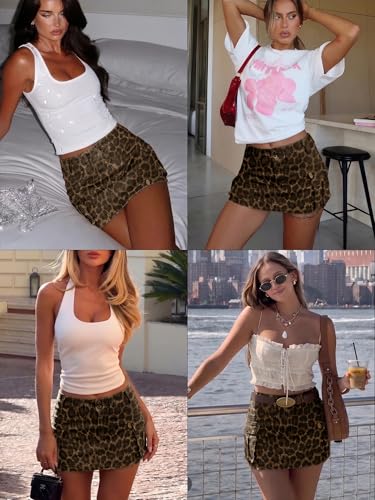 High Waisted Women's Denim Cargo Skort - Y2K Style Leopard Print Large
